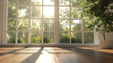 A bright and airy room interior with natural sunlight streaming through large windows