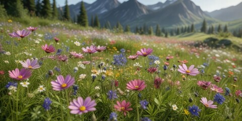 Fototapeta premium Wildflowers and cosmos blooms in a lush meadow , wildflowers, landscape, natural