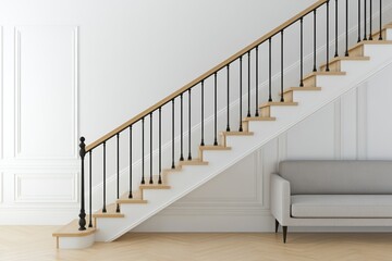 Modern staircase, light grey sofa, white walls, interior design, home decor