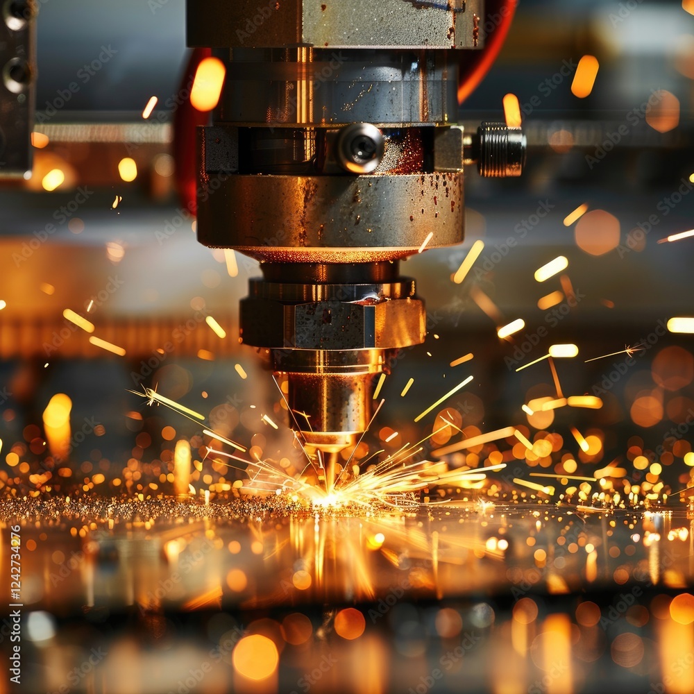 Poster precision laser cutting machine creating sparks in workshop environment