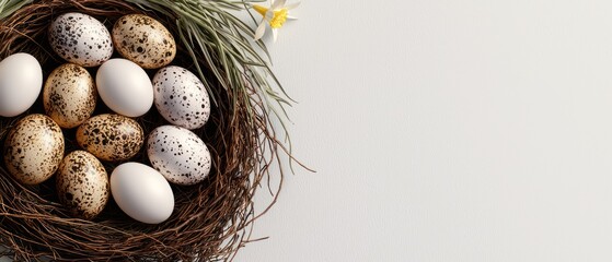 A decorative nest filled with speckled and plain eggs, symbolizing spring and new beginnings.