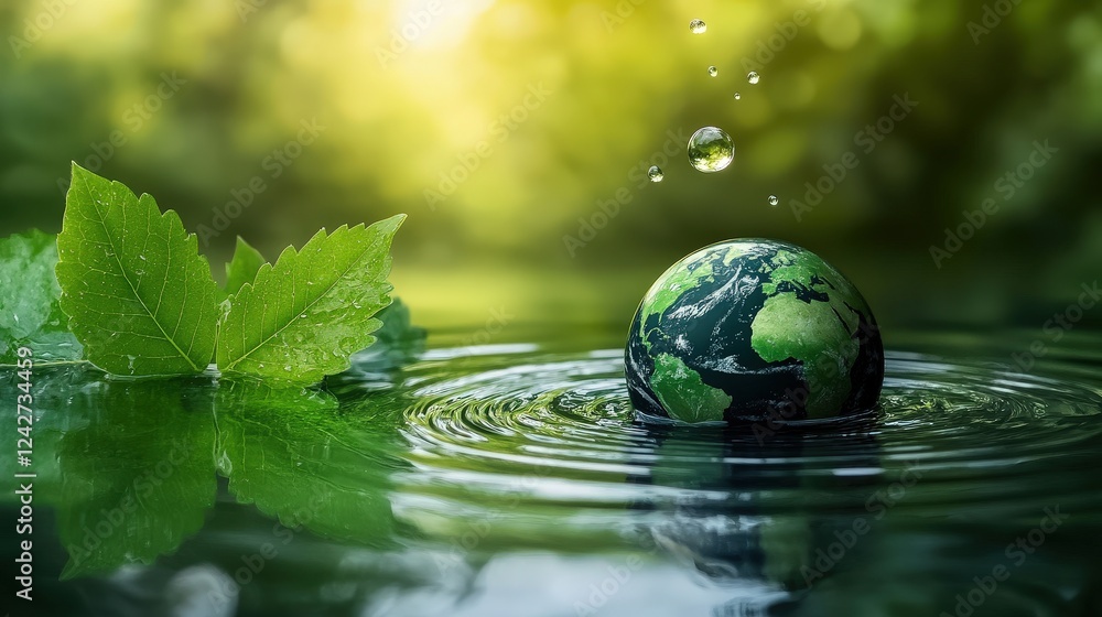 Poster close-up of earth model submerged in water, with a drop creating ripples and surrounded by leaves in