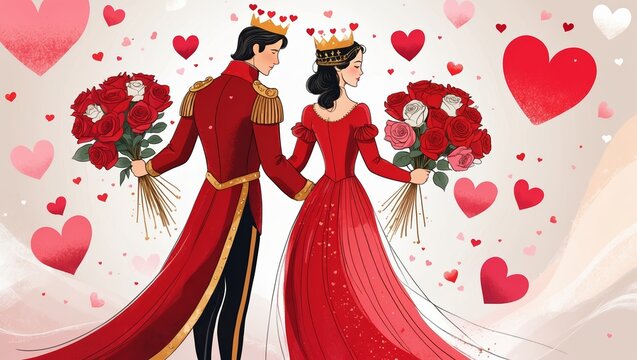 Naklejki Royal couple celebrating love with vibrant flowers and hearts in a whimsical illustration