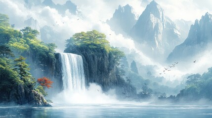 Waterfall cascading, misty mountains, serene lake, birds flying, Asian landscape, travel poster