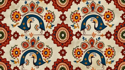 Madhubani Paisley and Peacock Pattern with Floral Motifs