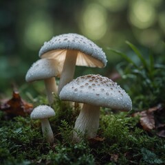 A detailed shot of a snow-white mushroom with a gentle glow against a blurred green background.