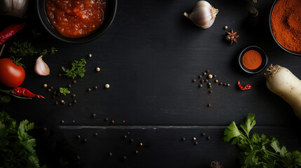 Tomato sauce in bowl and vegetables on a black wooden table with copy space for text