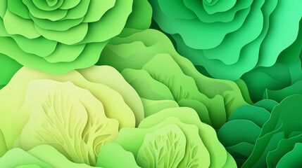 Obraz premium Green salad background. Large paper-cut lettuce leaves in various shades of green, arranged as a healthy salad. Healthy eating. Healthy food background with Paper cut out effect. Vegetarian food