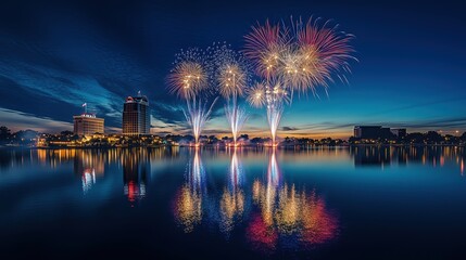 City skyline illuminated by colorful fireworks reflecting on a calm lake at dusk.