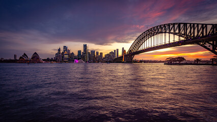 Sydney Harbour Bridge and Opera House panorama at sunset in Sydney, NSW, Australia