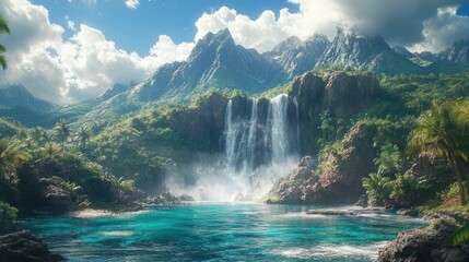 Tropical Waterfall Paradise Majestic cascade plunges into turquoise lagoon, mountain backdrop