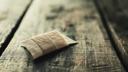 Rustic wooden table, beige bandages, shallow depth of field, craft background, DIY project