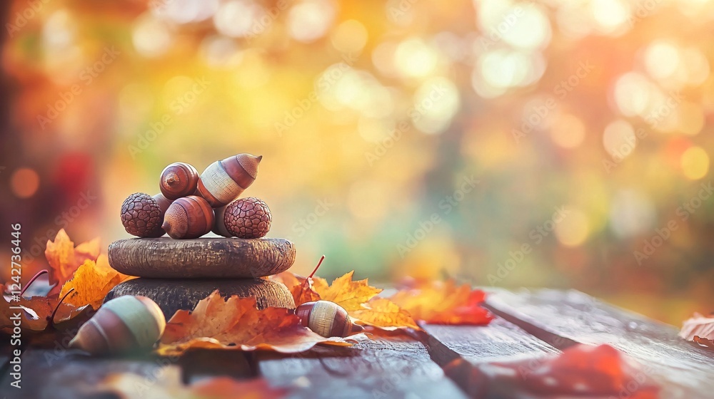 Poster acorns and colorful maple leaves resting on a wooden surface