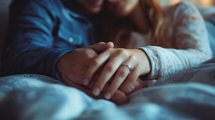 A young couple peacefully asleep in bed, holding hands at home, captured in close-up.
