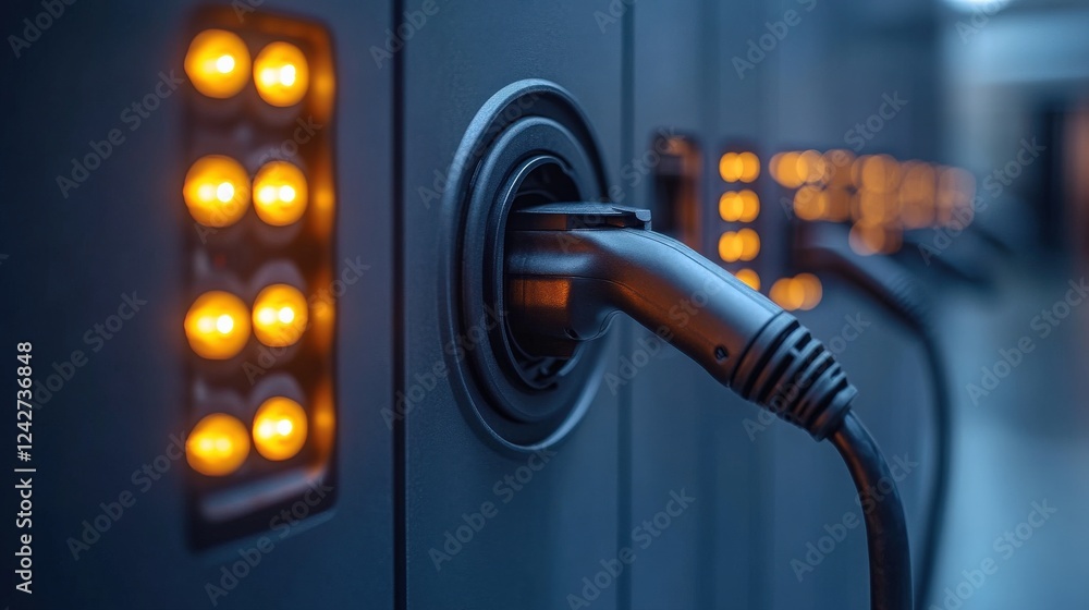 Poster close-up of electric vehicle charging stations with illuminated indicators in a modern setting