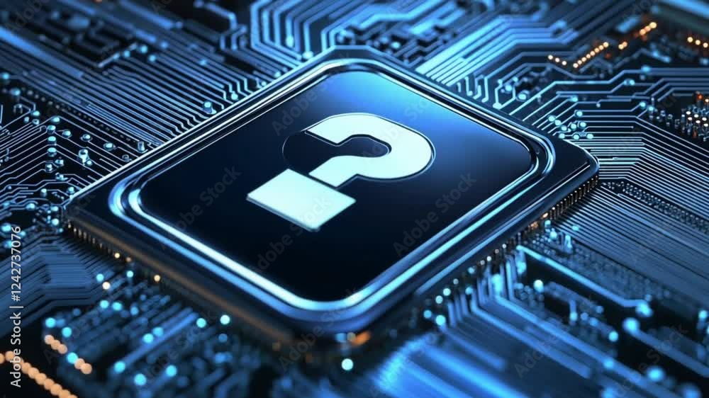 Aufkleber the enigma of digital inquiry: a question mark on a microchip