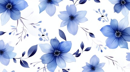 Obraz premium 3D isometric seamless summer pattern featuring indigo watercolor flowers, light and airy design isolated on a crisp white background