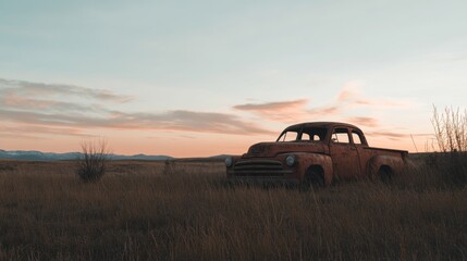 Rusty truck sunset field landscape, abandoned vehicle