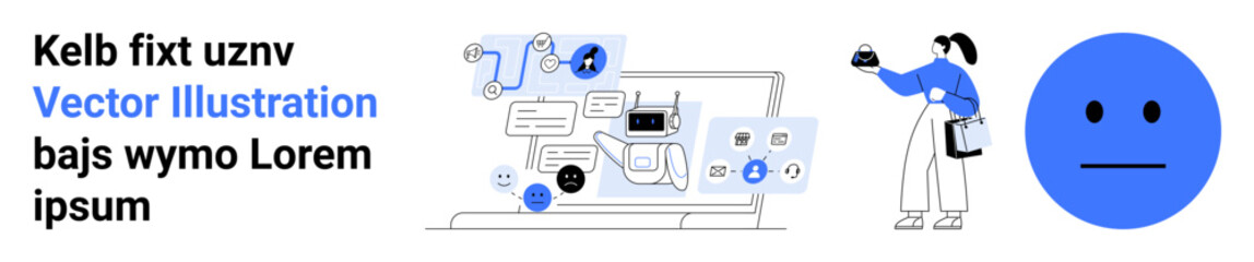 Person holding device, digital icons, laptop with interface design. Ideal for teamwork, communication, technology, creativity, innovation education digital workspaces. Perfect for flat landing page
