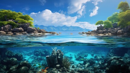 Stunning Coral Reef Landscape at Anse Sou with Vibrant Marine Life and Lush Tropical Vegetation Beneath a Clear Blue Sky