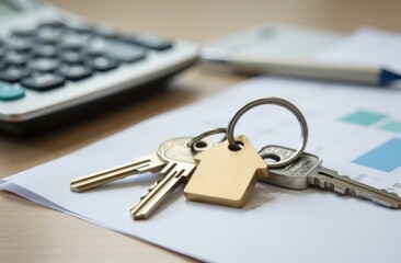 Keys with a keychain in the form of a house are lying on the table, next to papers and a calculator. Readiness for a deal and a symbol of buying a home. Business of selling and building houses, real e
