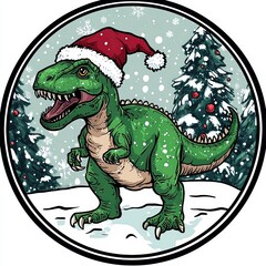 Obraz premium Dinosaur wearing Santa hat celebrates Christmas in winter wonderland