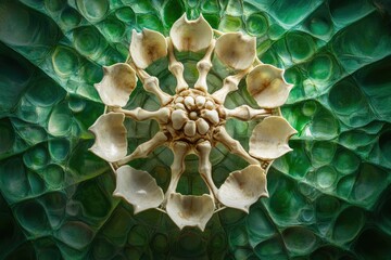 Intricate bone structure resembling a flower, artfully arranged against a textured green backdrop.