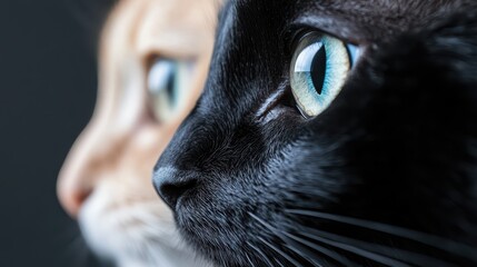 An intriguing close-up captures the distinct contrast between two cats, emphasizing their uniquely colored pupils and the captivating, expressive features that set them apart