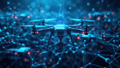 Abstract of Future Drone Technology. Drones flying in a digital wireframe with a blue neon glow. low polygonal background with lines and connected dots