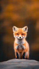 Obraz premium A delightful baby fox is standing upright amidst the trees in a lush forest. Its fluffy fur and inquisitive expression are beautifully highlighted by the warm sunlight of a cozy afternoon