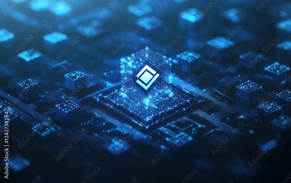 Poster glowing cube on blue circuit board with scattered pixels for tech or data visuals