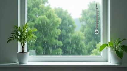 Fototapeta premium Rainy Day Comfort Indoor Plants Flourish Beside Window with Thermometer During a Gentle Summer Shower