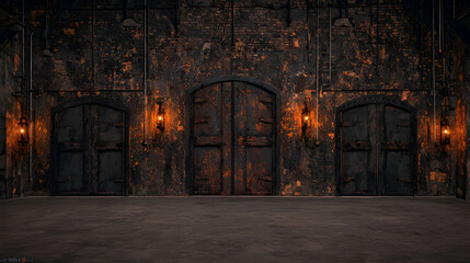 Dark industrial interior with three large metal doors, grunge brick walls, and ambient lighting; perfect for game backgrounds