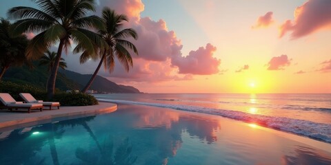 Tranquil Sunset Scene Beachfront Infinity Pool and Lush Palms at Golden Hour