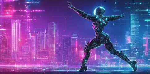 Futuristic Robot Striding Across Neon Cityscape