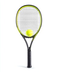 Isolate on white background A tennis racket with a bright yellow ball, ready for an exciting match ahead.