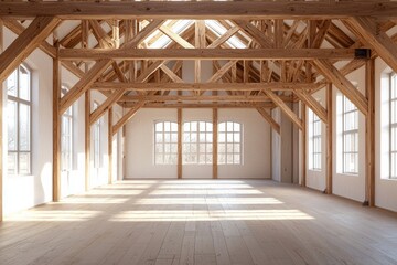 A large room with wooden beams and windows, featuring an empty space for artistic expression. The floor is made of light-colored wood, creating a warm atmosphere in the bright environment. 