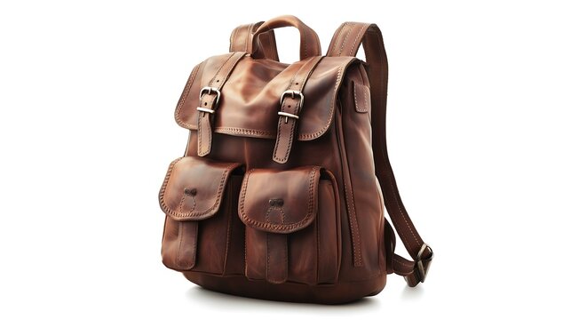 Isolate on white background A stylish brown leather backpack with multiple pockets for travel or daily use.