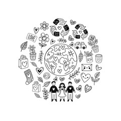 Black and white eco doodle illustration with earth, people and hearts