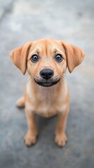 A delightful puppy looks earnestly into the camera, its big, pleading eyes conveying a sense of playfulness and charm, all set against a cozy and welcoming backdrop