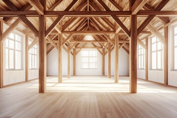 A large room with wooden beams and windows, featuring an empty space for artistic expression. The floor is made of light-colored wood, creating a warm atmosphere in the bright environment. 