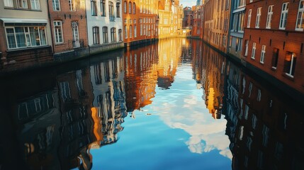 Scenic Reflection of Historic Buildings in Calm Canal Waters at Sunset with Soft Blue Sky and Lush Vertical Structures