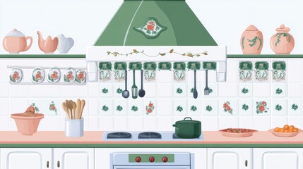 Vintage Kitchen Design with Floral Tiles. A Charming and Cozy Kitchen Setting.  A Traditional Kitchen Decor