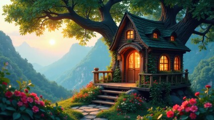 Fototapeta premium Serene Sunset Vista A Cozy Treetop Cabin Retreat in a Mountain Landscape