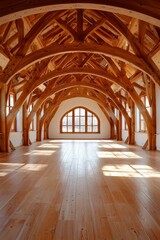 Fototapeta premium A large room with wooden beams and windows, featuring an empty space for artistic expression. The floor is made of light-colored wood, creating a warm atmosphere in the bright environment. 