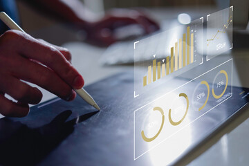 Businessman touch investment growth graph chart and analysing growth achievement diagram data...