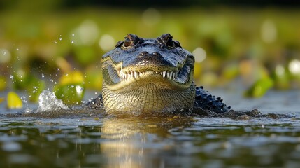 Obraz premium Alligator in swamp water, jaws agape, wildlife, nature, close-up