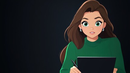 Young girl with brown hair and bright gray-green eyes sitting at a desk with a tablet, looking surprised while holding a pen in a modern room with dark background