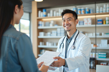 Cheerful Pharmacist Handing Medication to Patient in Modern Pharmacy