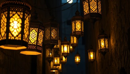 Golden Ornate Lanterns Illuminate Dark Alley at Night Warm Glow Romantic Atmosphere